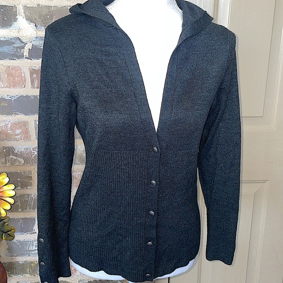 Sporty Charcoal Gray Knit Hooded Cardigan Button Front Sweater Ribbed Trim Sz S - Picture 13 of 13